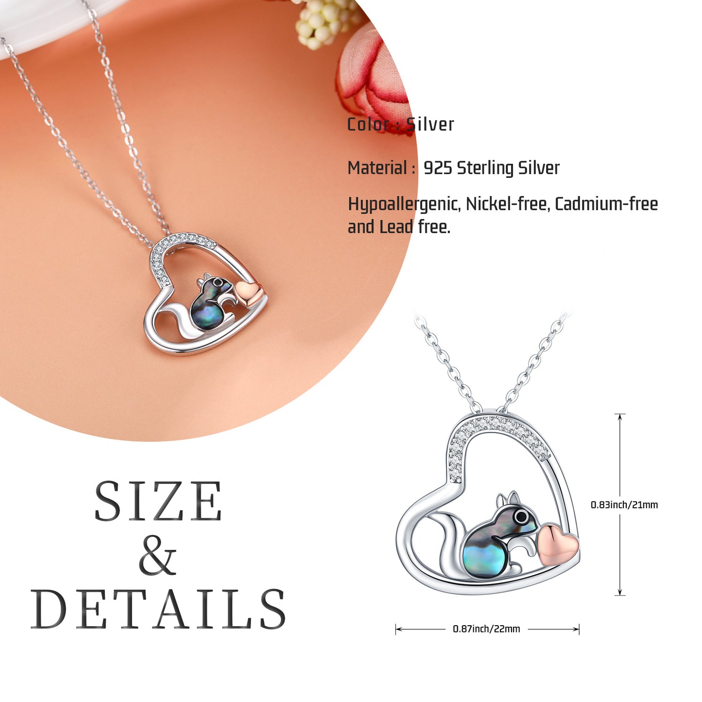 YFN 925 Sterling Silver Squirrel Abalone Shell Cubic Zirconia Cute Animal Heart Pendant Necklace (US only)