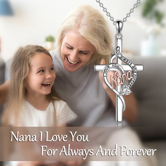 YFN Sterling Silver Nana Cross Necklace with Zircon for Nana  (Gift Box included)