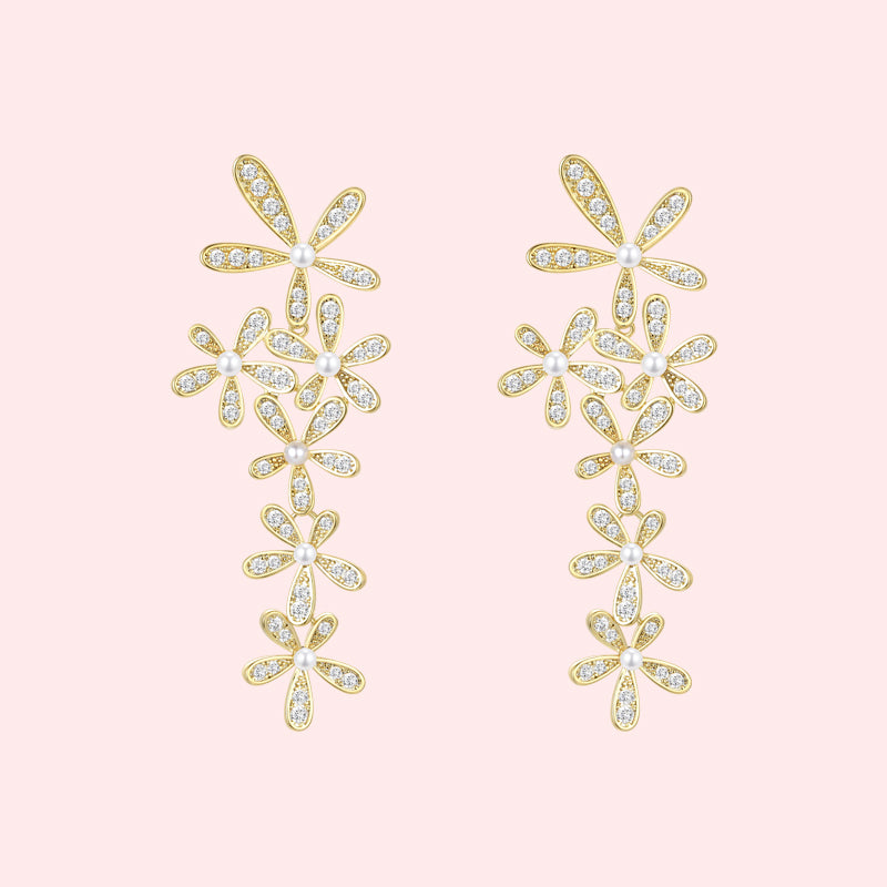 Spliced Zircon Flower Pearl Earrings