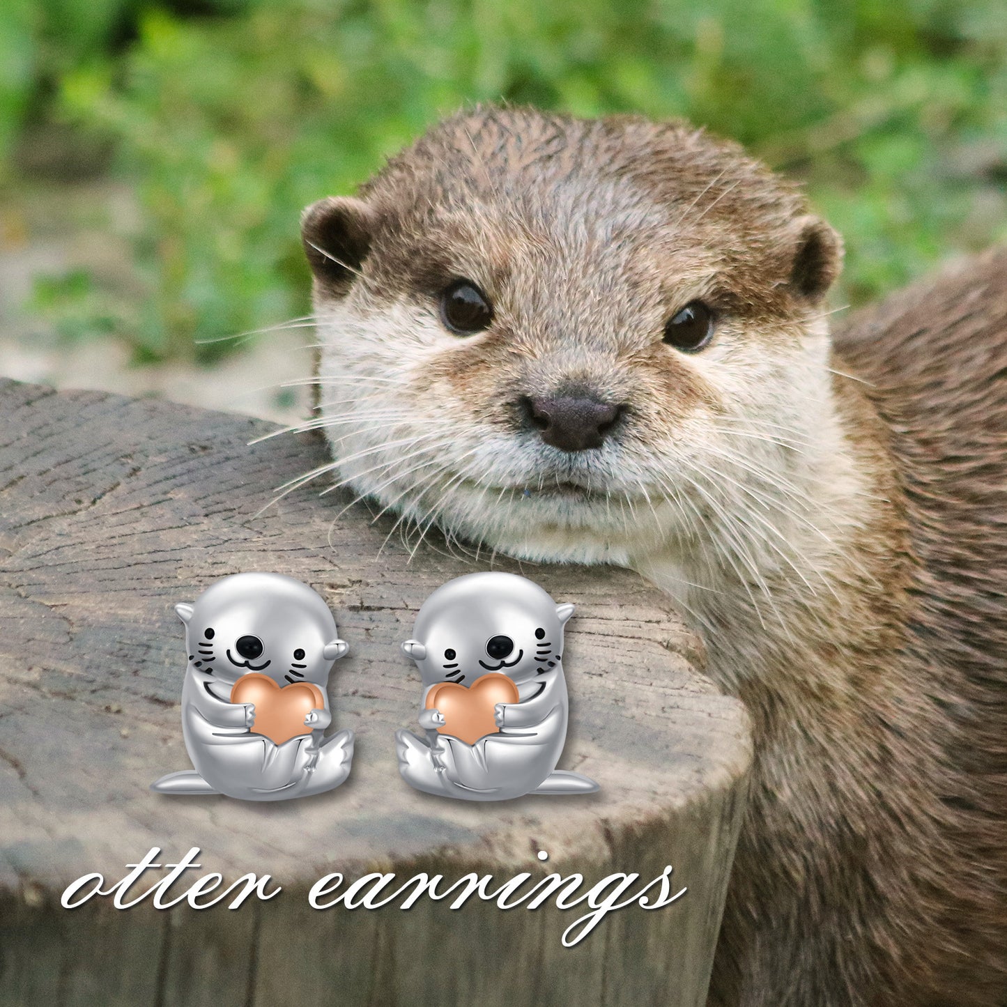 YFN Sea Otter With Heart Earrings Sterling Silver Animal Stud Earrings Otter Earrings (US only)