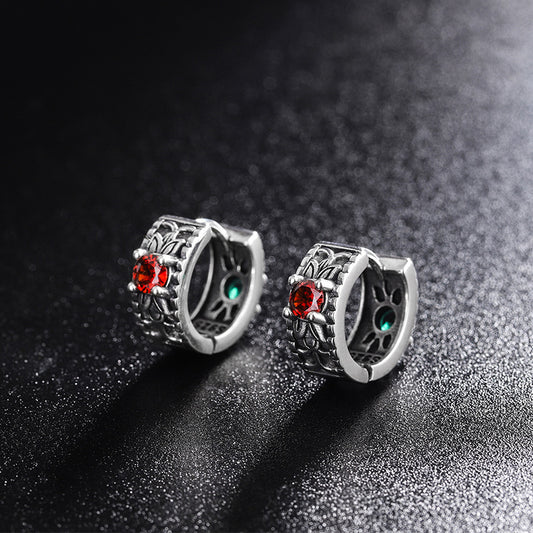 925 Sterling Silver Floral Pattern Red Green Zircon Front And Back Wear Vintage Earrings