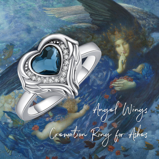 NEW YFN S925 Sterling Silver Angel Wing Heart Cremation Urn Holds Loved Ones Ashes Ring