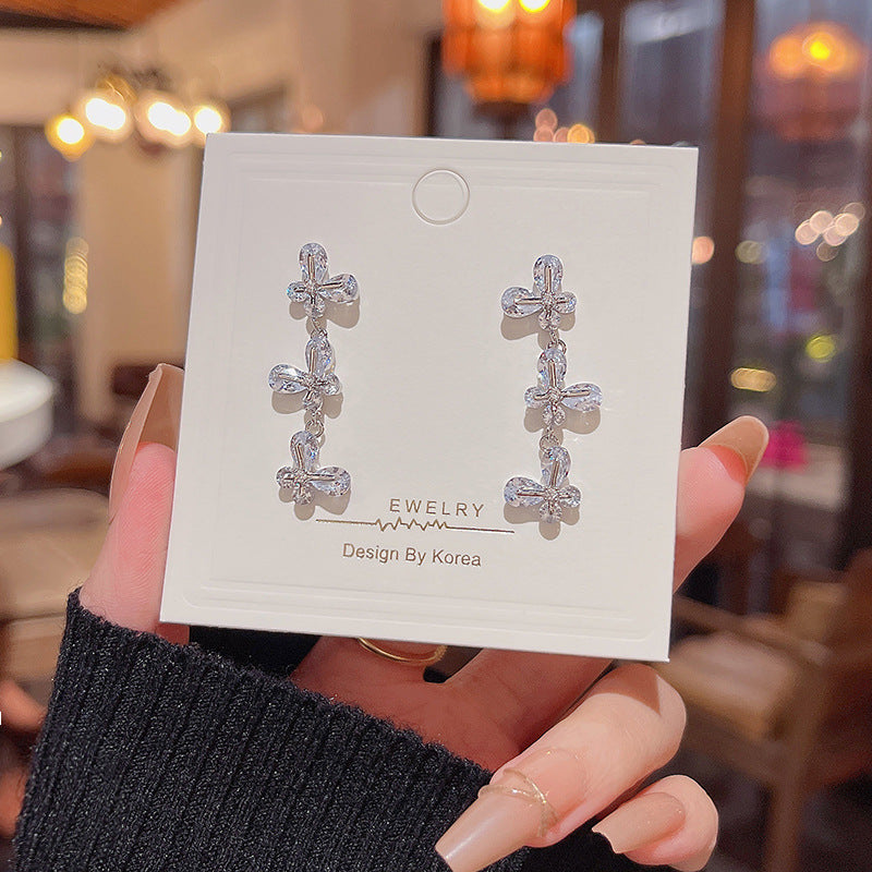 Silver Needle Long Fringed Zircon Earrings