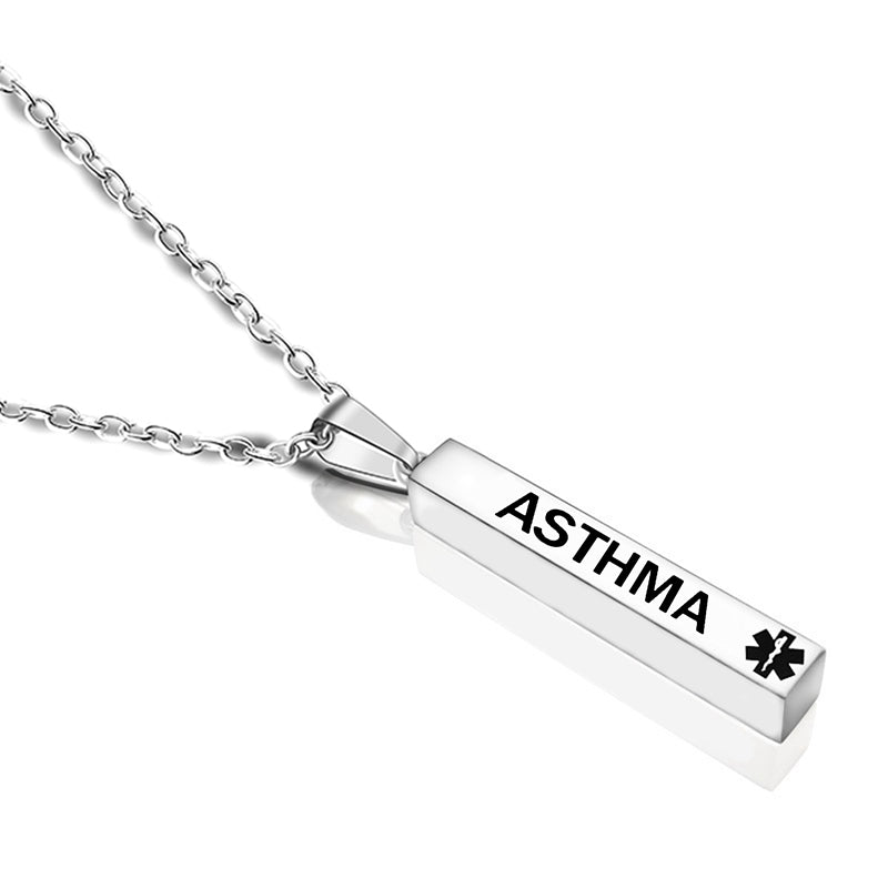 engraved medical alert stainless steel pillar pendant necklace asthma