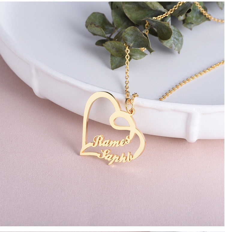 custom s925 sterling silver heart-shaped necklace with 2 names (<5 letters) golden