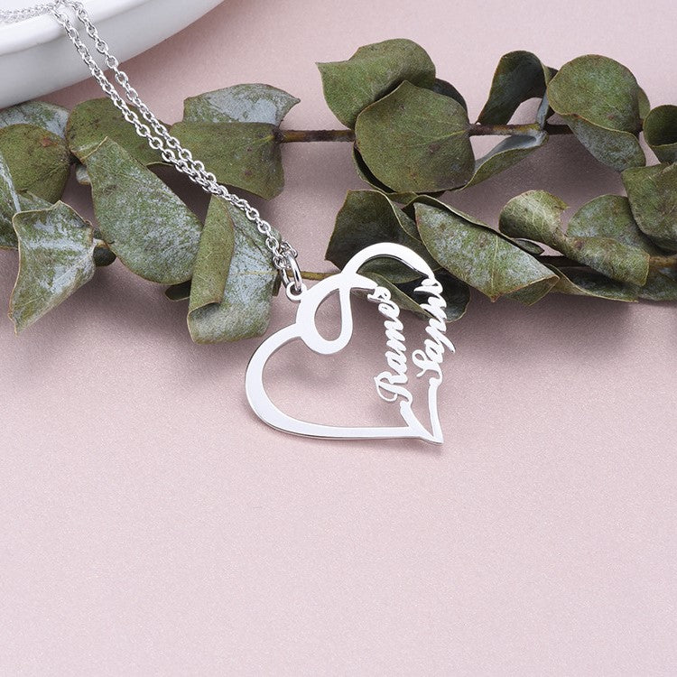 custom s925 sterling silver heart-shaped necklace with 2 names (<5 letters) silver