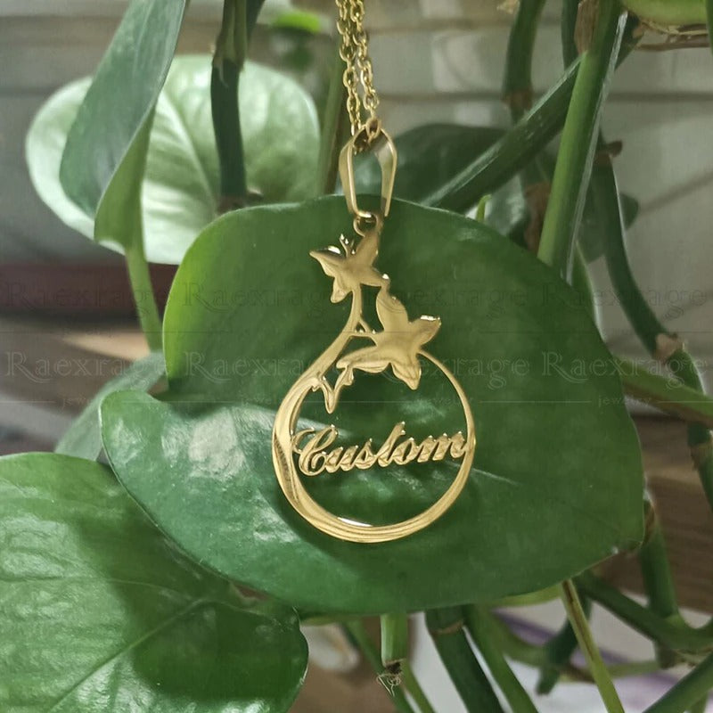 fashion waterdrop with butterflies custom name necklace