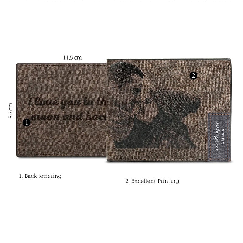 personalized photo and text engraved men's short wallet