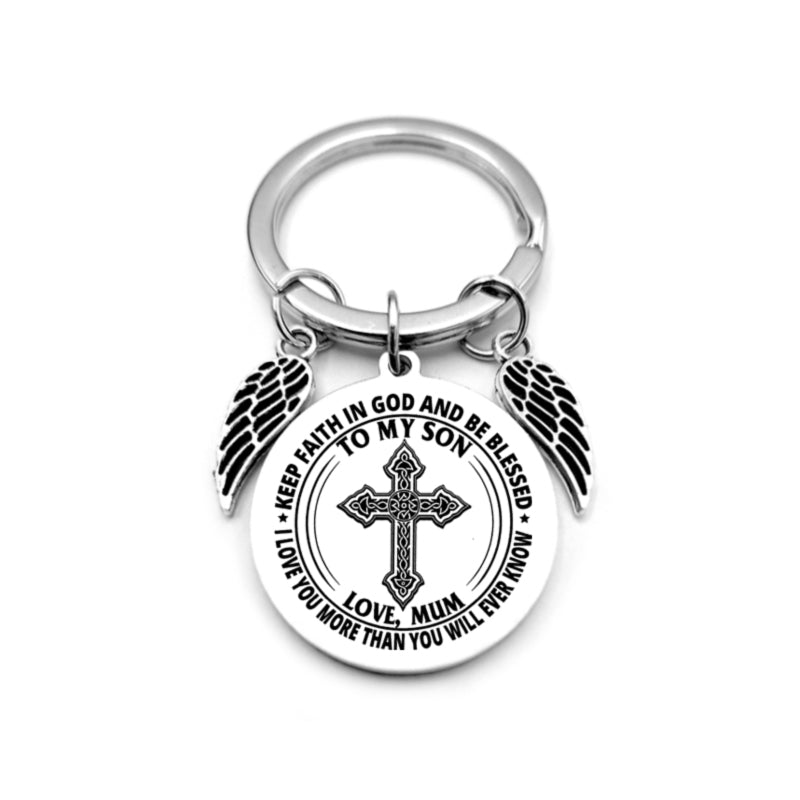 dad / mom "to my son" round inspirational keychain with angel wings 30