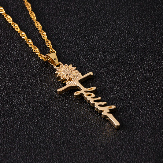 gold sunflower "faith" & cross necklace
