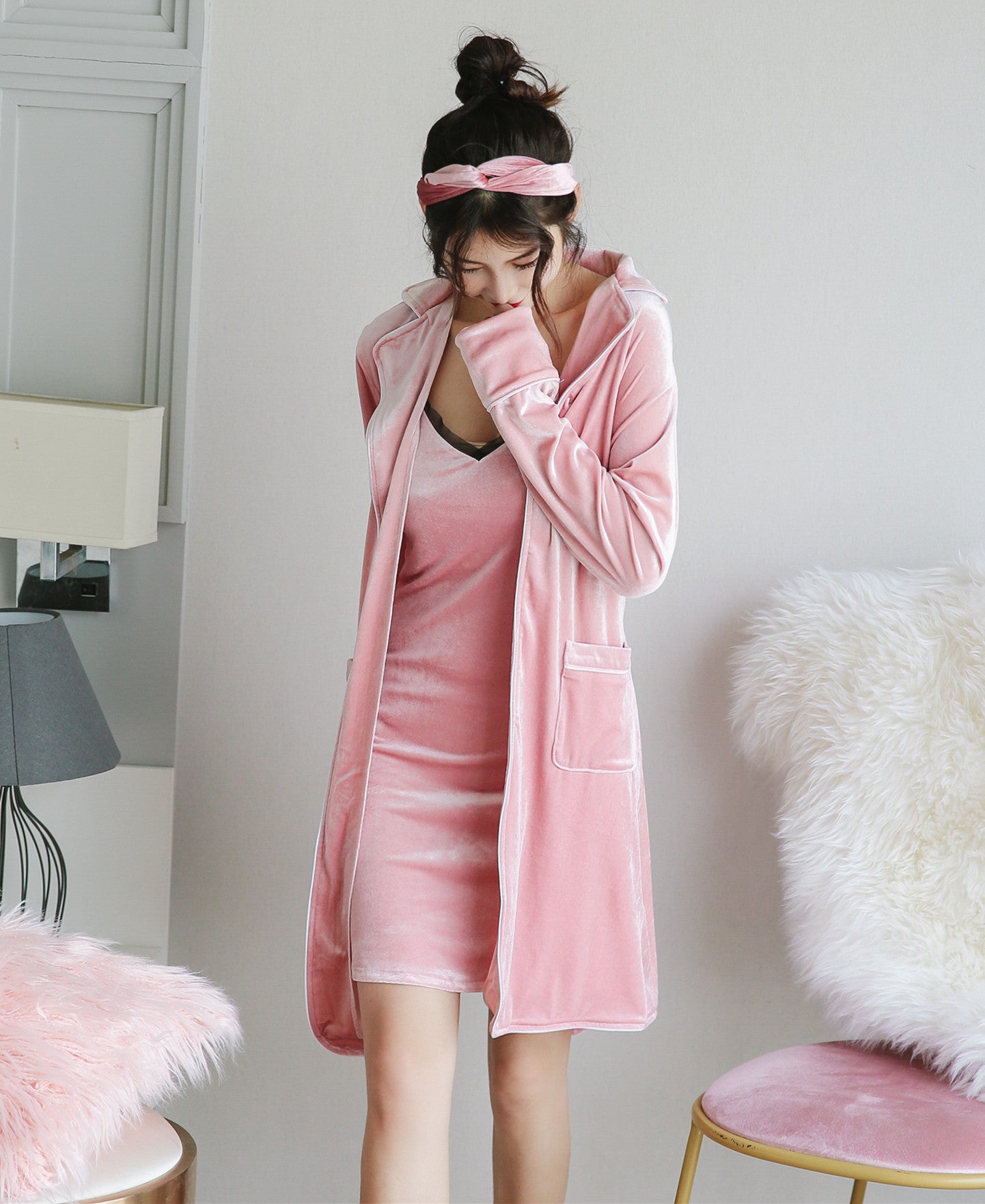 winter deluxe velvet long-sleeve robe & sling nightdress 2 pieces pajamas set