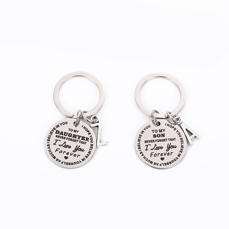 dad/mom "to my daughter" round stainless steel keychain with a alphabetic letter