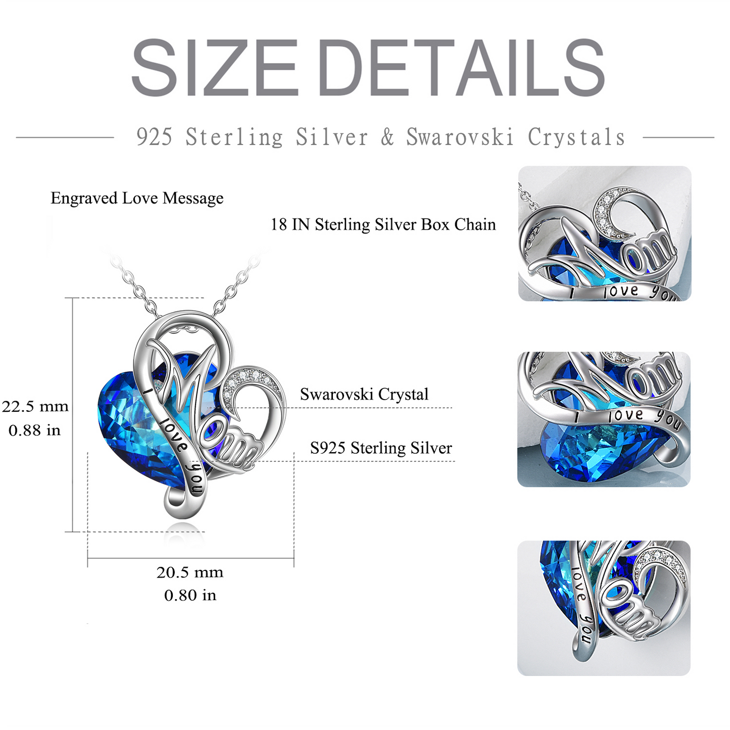 925 sterling silver mom necklace with a blue heart (gift box included)