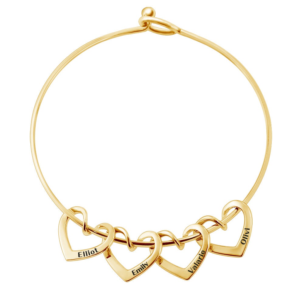 custom bracelet with 4 engraved name heart-shaped rings. gold / simple round buckle
