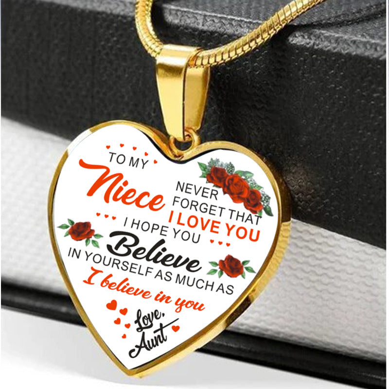 "to my niece" from aunt heart-shaped necklace gold