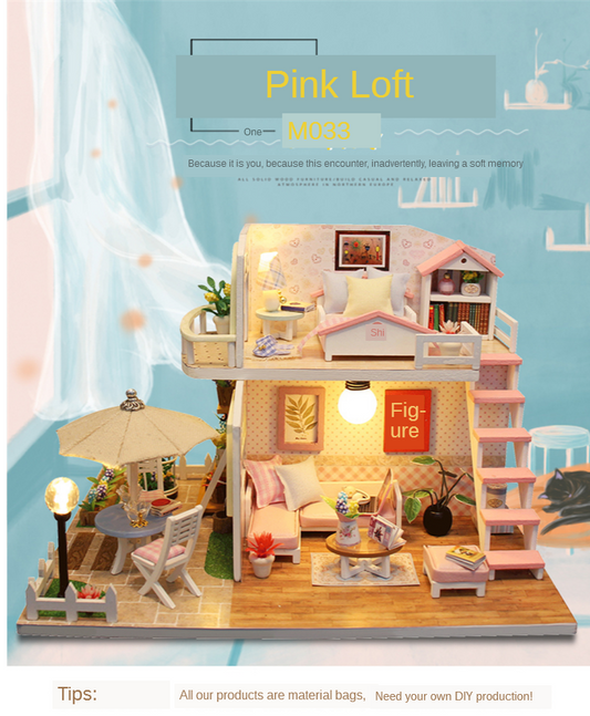 "pink loft" miniature dollhouse with furniture & led light
