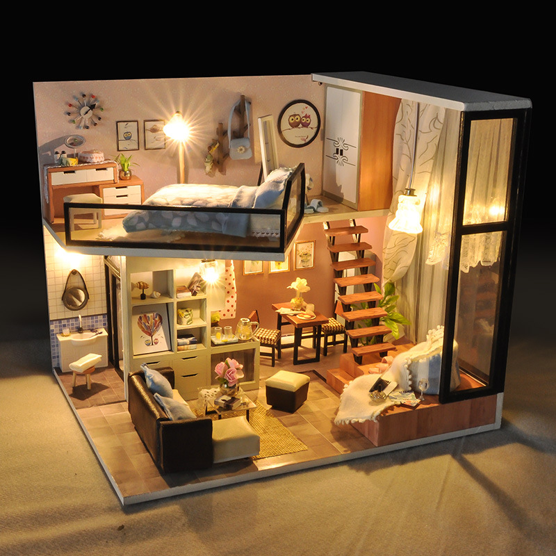 wooden loft diy miniature dollhouse (with dust cover)