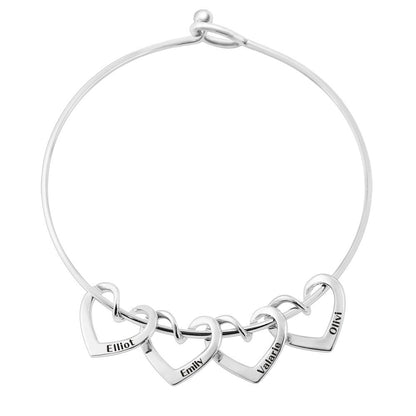 custom bracelet with 4 engraved name heart-shaped rings. silver / simple round buckle