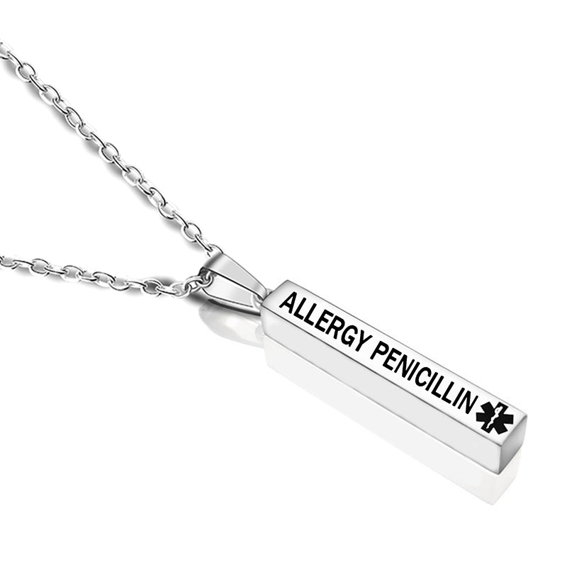 engraved medical alert stainless steel pillar pendant necklace allergy penicillin