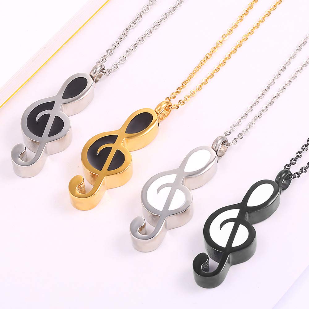 Music Note URN Necklace, Stainless Steel Cremation Memorial Keepsake Pendant Jewelry for Ashes (Funnel & Pin included) (Black + White, 1)