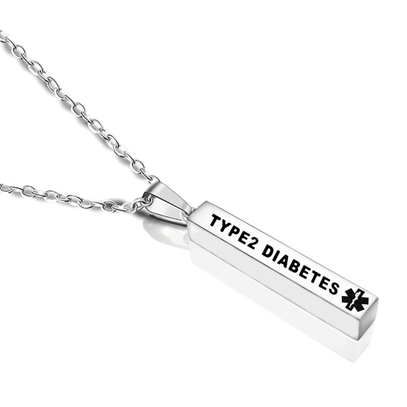 engraved medical alert stainless steel pillar pendant necklace type 2 diabetes