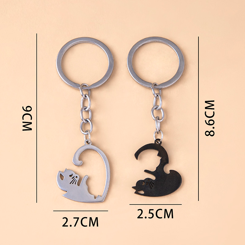 black & white cats stainless steel couple heart-shaped keychains