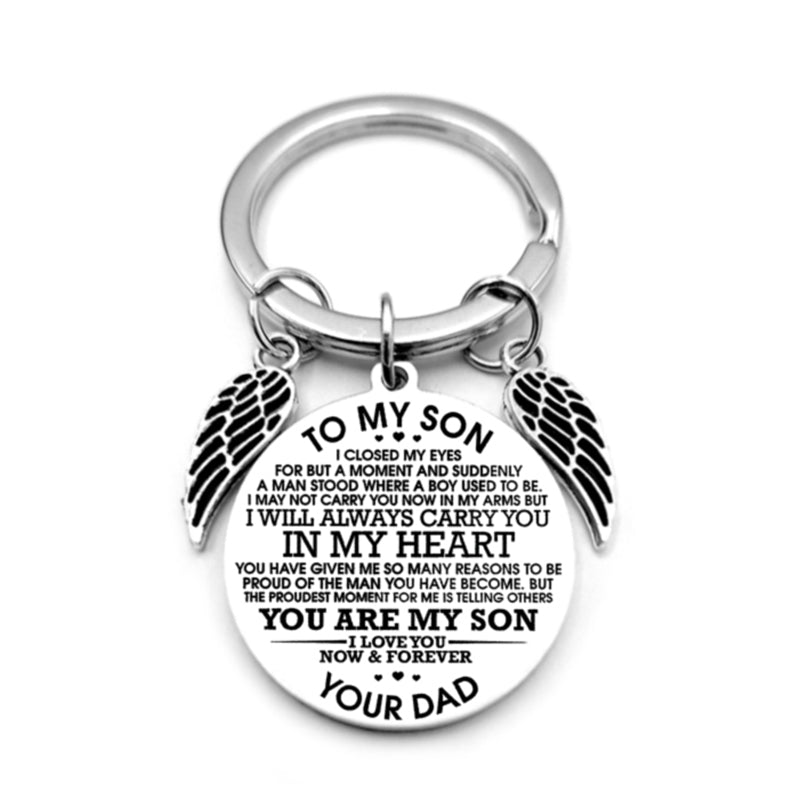 dad / mom "to my son" round inspirational keychain with angel wings