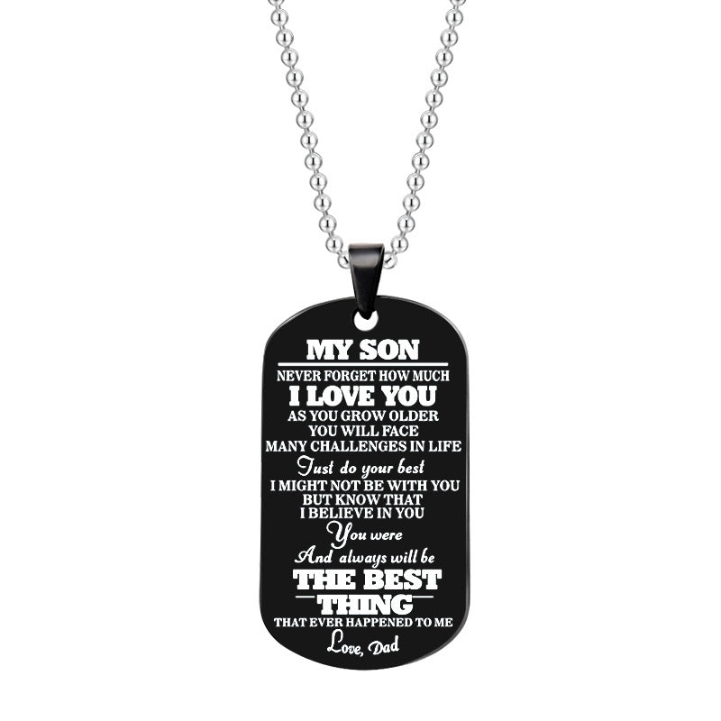 dad/mom to "my son" stainless steel rectangular necklace black from dad