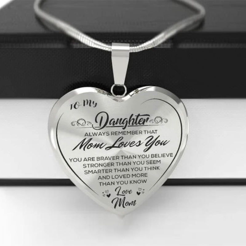 mom to daughter engraved "mom loves you" heart-shape epoxy necklace silver