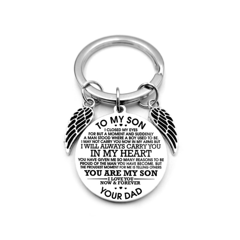 dad / mom "to my son" round inspirational keychain with angel wings 1