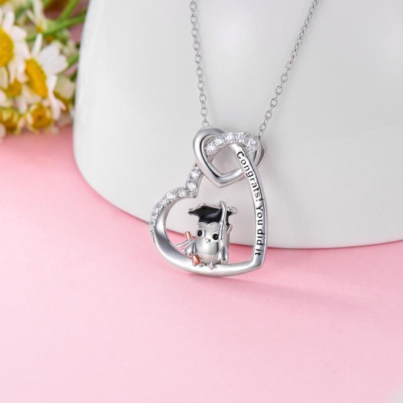 s925 sterling silver owl inside heart with "congrats! you did it!" necklace for graduation gifts (gift box included)