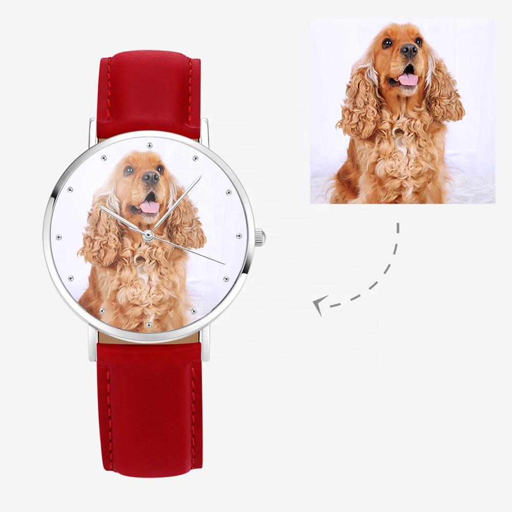 personalized 40mm photo watch with genuine leather strap (gift box included) red strap / silver
