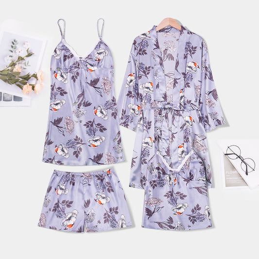4pcs silk lace plant-pattern pajamas set (nightgowns, cami & shorts, robe)