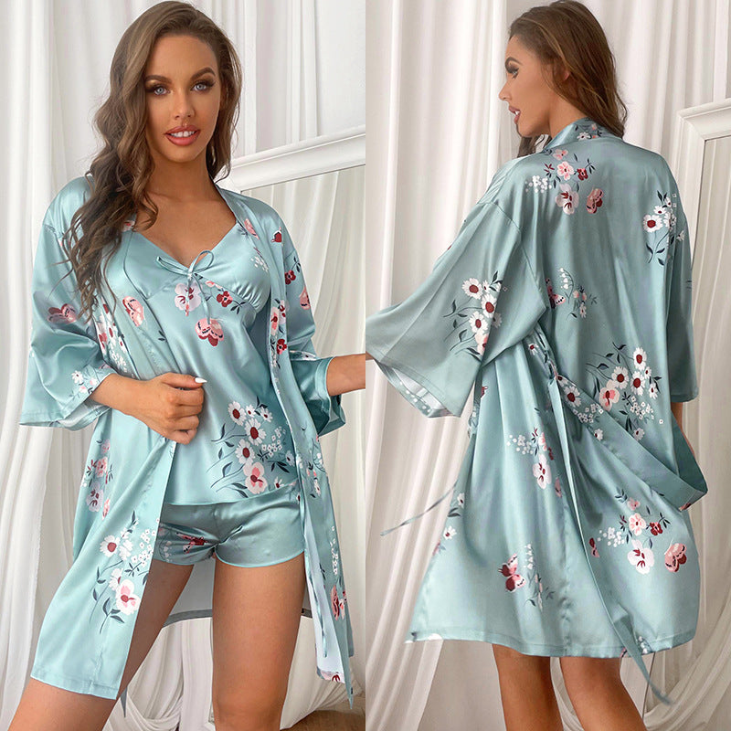 3-piece elastic fabric spandex satin robe and cami & shorts set (23 colors)