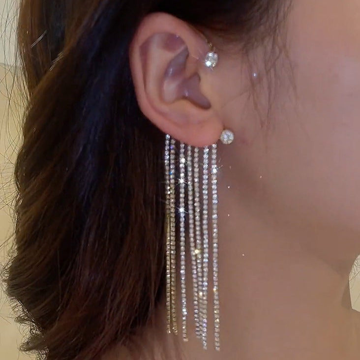 fashion shining tassel rhinestone ear cuff earrings silver