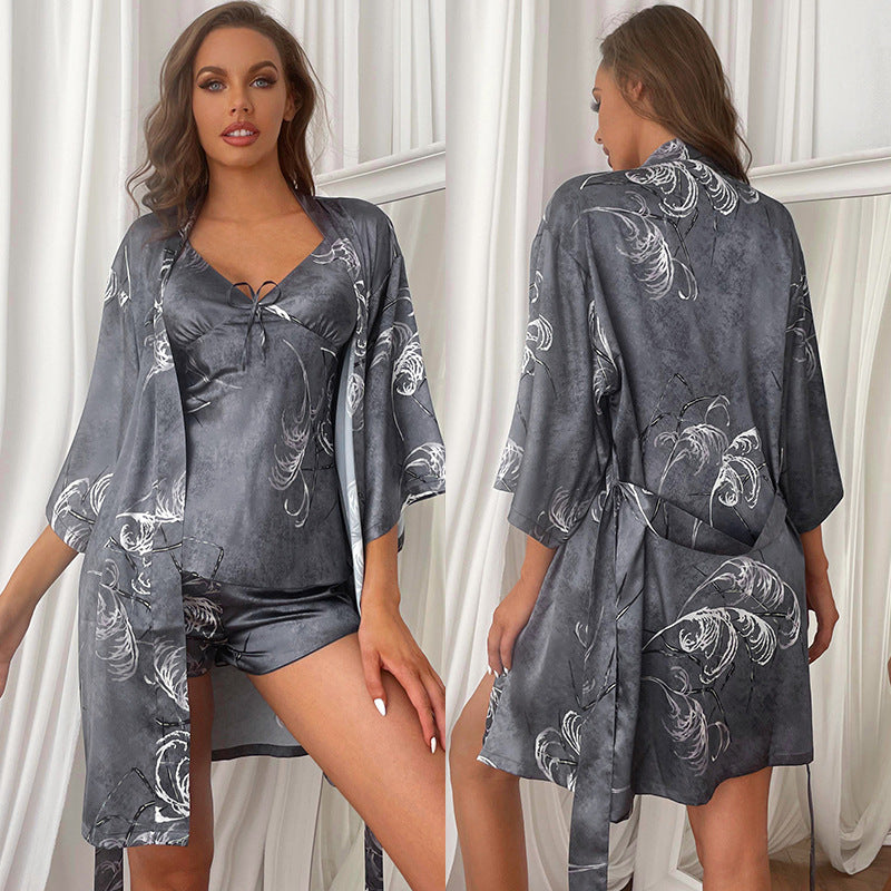 3-piece elastic fabric spandex satin robe and cami & shorts set (23 colors)