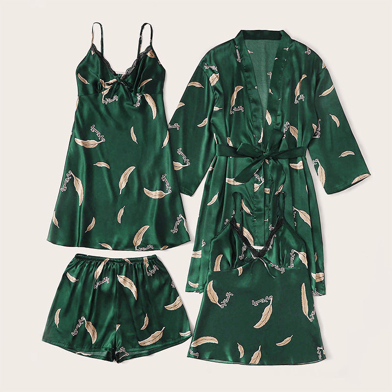 4pcs silk lace plant-pattern pajamas set (nightgowns, cami & shorts, robe)