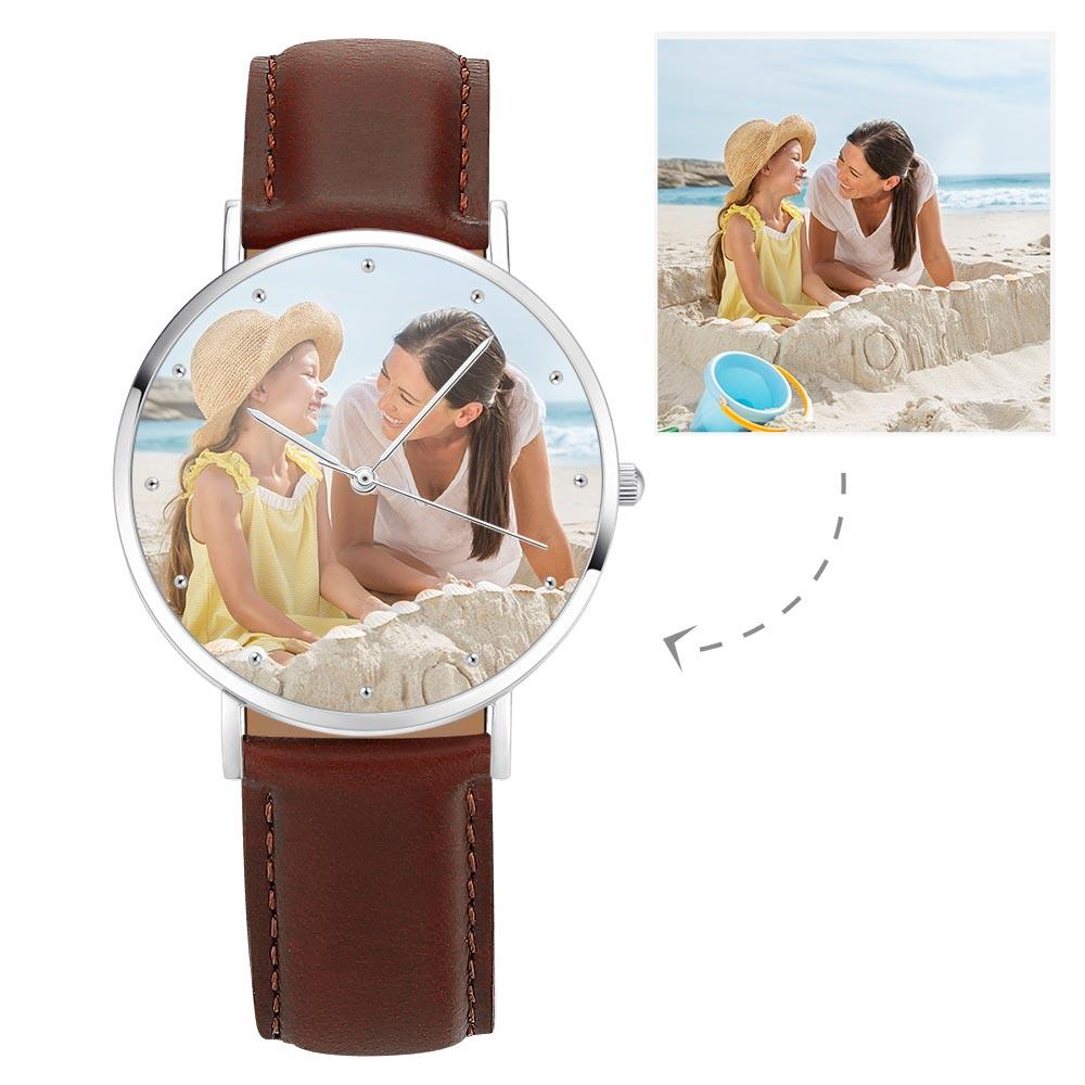 personalized 40mm photo watch with genuine leather strap (gift box included) brown strap / silver