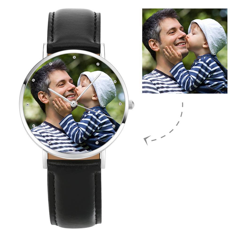 personalized 40mm photo watch with genuine leather strap (gift box included) black strap / silver