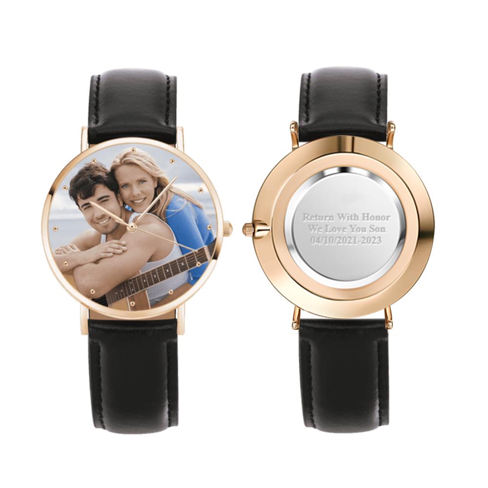 personalized 40mm photo watch with genuine leather strap (gift box included) black strap / rose gold