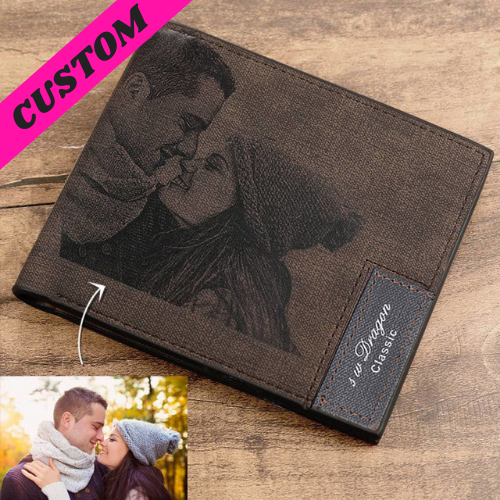 personalized photo and text engraved men's short wallet light coffee