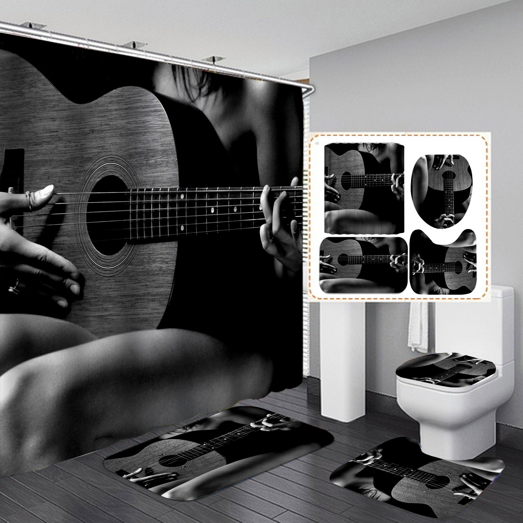 guitar theme bathroom mats & shower curtain 4-piece set