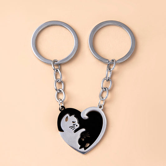 black & white cats stainless steel couple heart-shaped keychains default title
