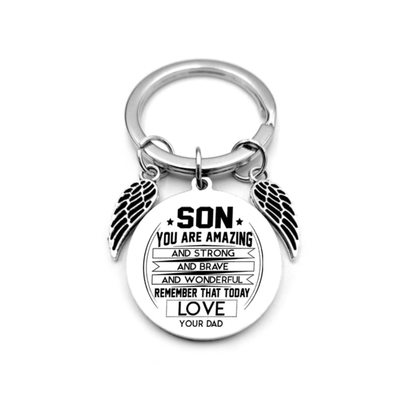 dad / mom "to my son" round inspirational keychain with angel wings 19