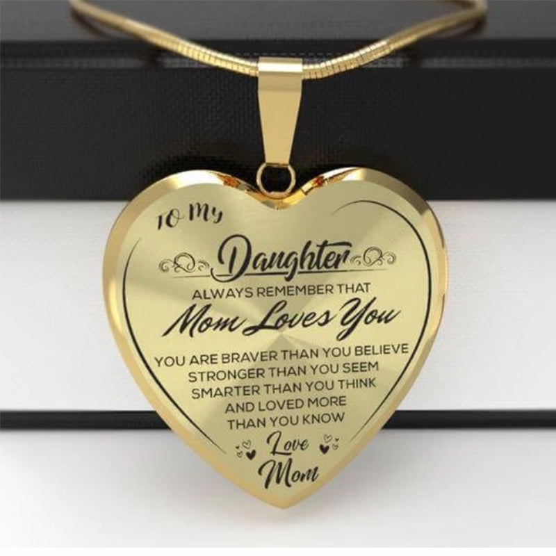 mom to daughter engraved "mom loves you" heart-shape epoxy necklace gold
