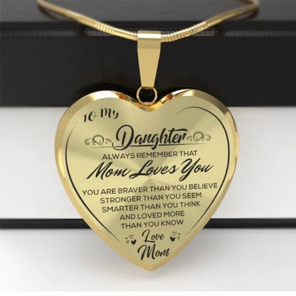 mom to daughter engraved "mom loves you" heart-shape epoxy necklace gold