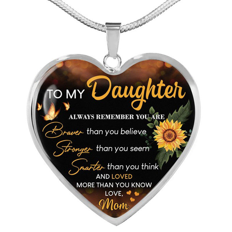 mom "to my daughter" sunflower heart-shaped inspirational epoxy necklace silver