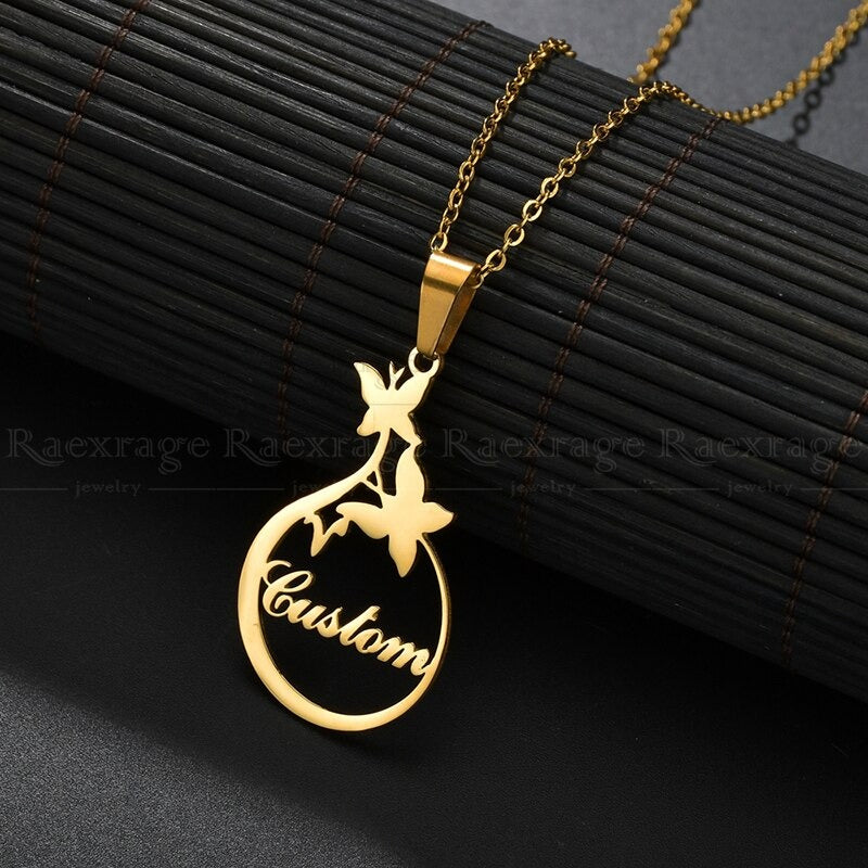 fashion waterdrop with butterflies custom name necklace