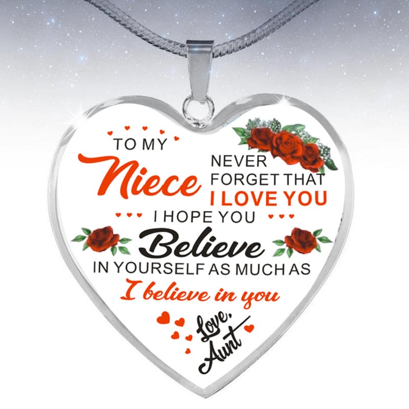 "to my niece" from aunt heart-shaped necklace