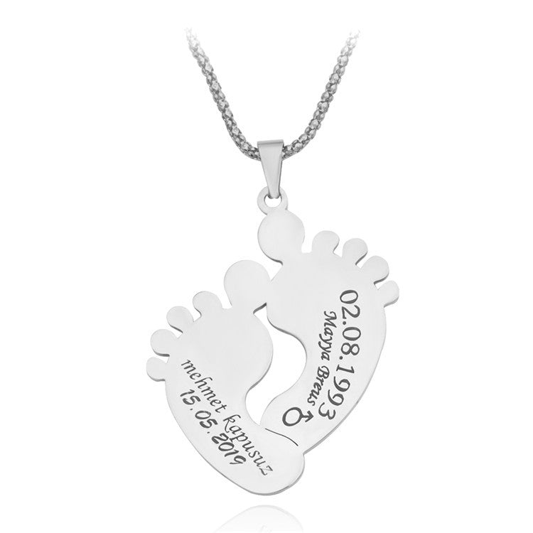 personalized footprint-shaped necklace silver lettering